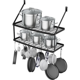 Hoooh 30-Inch Wall-Mounted Kitchen Pot Rack - 2-Tier Heavy Duty Iron Shelf with 15 S-Hooks, Matte Black Finish - Space-Saving Storage for Pots, Pans & Cooking Utensils