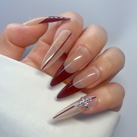 Long Stiletto Press on Nails French Tips Red False Nails with 3 D Crystals Cross Designs Full Cover Glue on Nails Removable Acrylic Gel Nail 24 Pcs Artificial Stick on Nails for Women