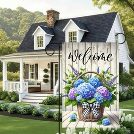 BlissYard Spring Welcome Garden Flag 12x18 Inches Hydrangea Basket Yard Flags Rustic Outdoor Flag for Spring Summer Outside Decorative