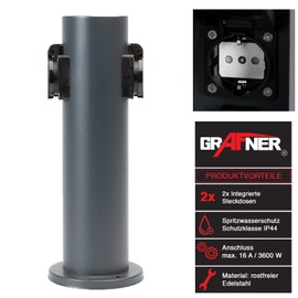 Grafner Stainless Steel Design Garden Socket with 2 Sockets, 3600 Watt, IP44, Round, Anthracite, No Rust - Powder Coating, Energy Column Metal Multiple Outdoor Socket Column 2-Way Black Painted