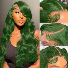 Colorful Bird Dark Green Body Wave Lace Front Wigs Human Hair 13x4 HD Transparent Lace Frontal Wigs for Women Brazilian Body Wave Human Hair Wigs Pre Plucked Hairline 150% Density Mint Green 24 Inch