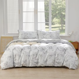 SAPHREAS Home Grayish White Flower Duvet Cover 100% Cotton Queen Size Botanical Bedding Set Chic Aesthetic Duvet Cover 3pcs 1 Comforter Cover 2 Pillow Shams