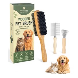 Angootao 3Pcs Natural Boar Bristle Brush Set for Short Haired Cats Grooming