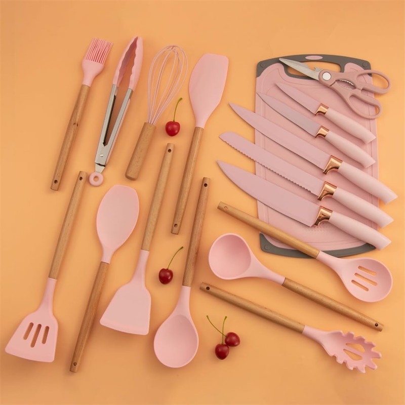 Cherry Pink 19 Piece Kitchen Utensils and Knife Set with