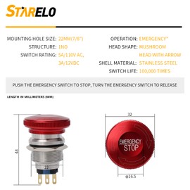 STARELO 22MM Metal Emergency Stop Mushroom Latching Push Button Switch 7/8" Mounting Hole 1NO 1NC with Stop Sign.