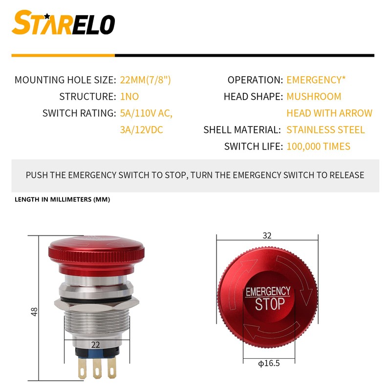 STARELO 22MM Metal Emergency Stop Mushroom Latching Push Button Switch
