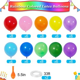 10 Inch 60 Packs Rainbow Party Balloons, Assorted Multicoloured Latex Balloons with 2 Rolls of Ribbon for Kids Birthday Party Wedding Baby Shower