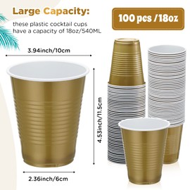 Zubebe 100 Pack 18oz Plastic Cups, Disposable Plastic Cups Large Drinking Cups for Wedding, Graduation Party, Beer Taste Serving, Snacks Samples and Tastings(Gold and White)