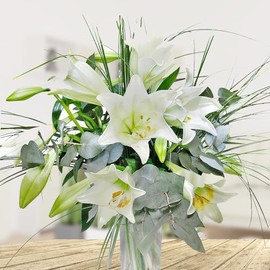 Lily Bouquet - Bouquet with Lilies and Eucalyptus - Includes Greeting Card # White Lilies