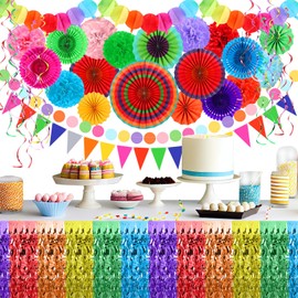 Threehoney 37 Pcs Fiesta Paper Fan Party Decorations Set Multi lor Fringe Table Skirt Hanging Paper Fans Garland Paper Pom Pom Pennant Banner Hanging Swirls for Cinco De Mayo Mexican Party Supplies