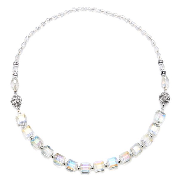 COOLSTEELANDBEYOND Crystal White Rainbow Cube Navette Beads Necklace, Rhinestones Magnetic