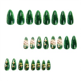 24 Pcs Almond Press on Nails Medium Fake Nails Green False Nails with Mushroom Pattern Design Artificial Acrylic Nails Press ons Reusable Almond Nails Glue on Nails for Women