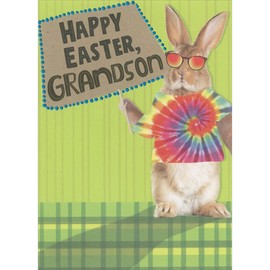 Designer Greetings Easter Bunny Wearing Tie Dye Shirt and Holding Sign Easter Card for Teen/Teenage Grandson