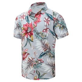Simmashah Mens Hawaiian Shirt, Short Sleeves Button Down Beach Clothing, Unisex Summer Flamingos Casual Aloha Floral Shirts Leaf Grey 3XL