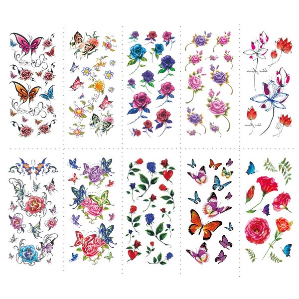 TAFLY Rose and Butterfly Flower Temporary Tattoo-10 Sheets Body Art Fake Tattoo for Women