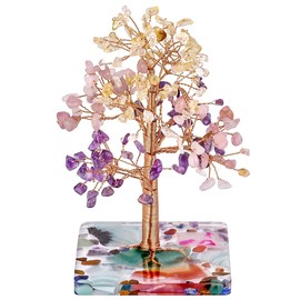 Rockcloud Citrine + Rose Quartz+ Amethyst Natural Healing Crystal Tree Decoarations for Home Office, Copper Wrapped Tree of Life Bonsai Feng Shui Money Tree for Wealth and Luck