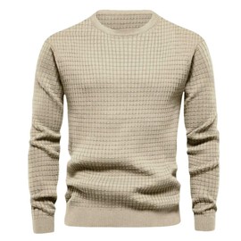 MakingDa Mens Crew Neck Jumper Waffle Pullover Long Sleeve Sweatshirts Solid Ribbed Cuff Regular Fit Sweater Vintage Soft Classic Lightweight Work Casual Jumpers Khaki XXXL
