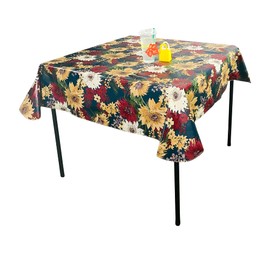 Elrene Fall Harvest Flannel Vinyl Tablecloth: Colorful Contemporary Thanksgiving Turkey Pumpkin Sunflower Greetings with Holiday Cutout Table Scatter (60 Round, Fall Turkey)