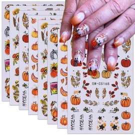 Fall Nail Art Stickers Decals Autumn Pumpkin Maple Leaf Nail Decals 8PCS Fall Leaves Flower Holly Pumpkin Nails Adhesive Stickers Manicure Accessories Tips for Women Holiday DIY Nail Art Decorations