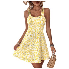 Floerns Women's Floral Print Sleeveless Cami Dress Vacation Flared Mini Dresses Yellow Medium