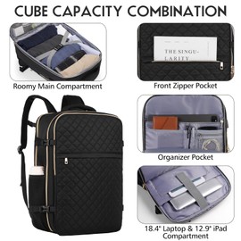 MOMUVO Large Travel Backpack Women, Flight Approved Carry On Backpack with 3 Packing Cubes, Water Resistant Anti-Theft Large School Bag Fit 18.4 Inch Laptop with USB Charging Port, Black