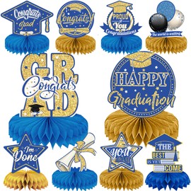 10 Pieces 2023 Graduation Party Table Decorations, LMSHOWOWO Class of 2023 Congrats Grad Honeycomb Centerpieces Congratulate Graduation Table Toppers for Graduation Party Favor Supplies (Blue Gold)