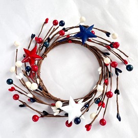 2 Pack Mini Wreath Red White & Blue Star Mixed Berries & Pip Berry Candle Rings, Patriotic Decorations 4th of July Candle Rings Small Wreaths,4 inch Center for Pillar Candle (Metallic-2pc)