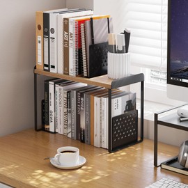 Mitus Shelf Organizer and Storage, Tiered Wood Cabinet Rack for The Kitchen Counter, Bathroom Counter, Pantry Cupboard, Office Desk Bookshelf, 12" Wide Natural and Black (Large)