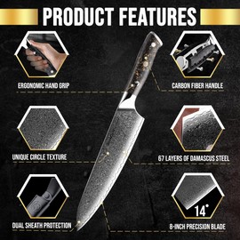 SliceElite Elite Series 8 Inch Chef Knife VG10 Damascus Steel Forged Carbon Fiber Handle Sharp Kitchen Vegetable Meat Carving Slicing Cooking Cutting Cleaver Precision Chopper Gift Blade Tool