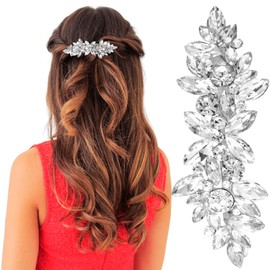 Lekgavd Rhinestone Hair Barrettes, Flower Fancy Bridal Hair Clips, Crystal Hair Pins, Sparkly Hair Accessories for Festivals, Wedding, Parties - Silver, 1pcs