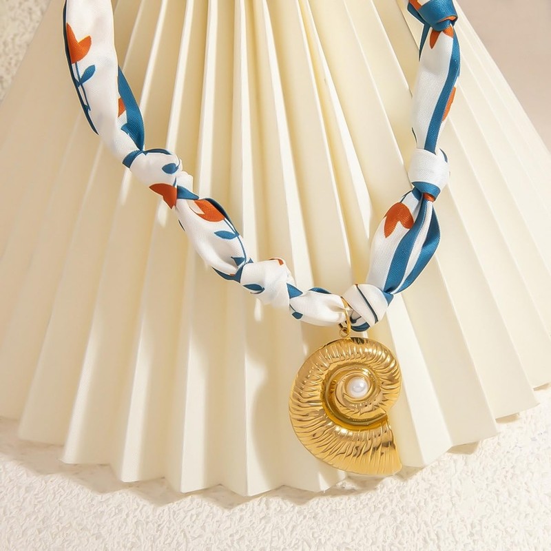 Vanesseva Scarf Necklace with Shell Charm - Bandana Choker for