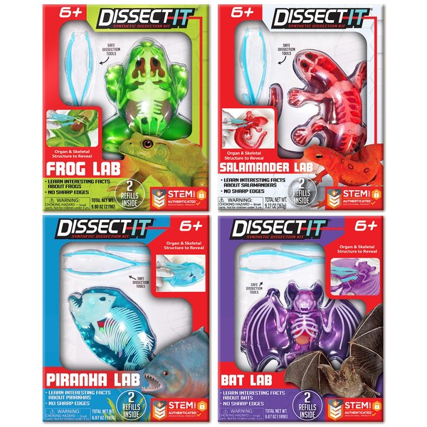 Dissect-It Simulated Synthetic Lab Dissection Toy, STEM Projects for Kids Ages 6+, Animal Science, Biology, Anatomy Home Learning Kits - Complete Set of 4 (Frog, Salamander, Piranha, & Bat)