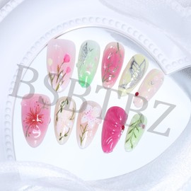 30Pcs Floral Press On Nails Short Almond Nails with Colorful Flower Butterfly Designs Hand-Painted Leaves Stick On Nails Multi-color French Tip Press Ons Handmade Elegant Set for Spring & Summer