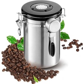 Olyzer Stainless Steel Coffee Canister 22 oz, Airtight Coffee Storage Container with Scoop, Date Tracker & CO2 Releasing Valves, for Grounds and Beans, Silver