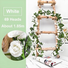 2 Pack 6.07FT (185cm) Artificial Flowers Garland Rose Vine Hanging Flowers for Decorations, Faux Rose Flowers with Realistic Design for Home Garden, Wedding Party White