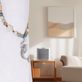 Mermaid Curtain Tiebacks (Set of 2) Handmade Natural Stone & Lava Bead Drapery Holdbacks with Aromatherapy, Coastal & Nautical Window Decor for Living Room, Bedroom, Beach House