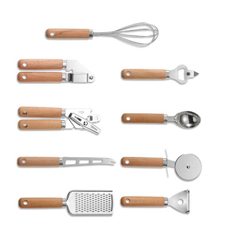 9PCS Kitchen Utensil Set Stainless Steel Wooden Handle Portable Baking