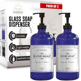 Sunrise Premium 16 OZ Cobalt Blue Glass Soap Dispenser with Plastic Pump 2 Pack, Hand and Dish Soap Dispenser Set for Bathroom and Kitchen Sink with 6 Waterproof Labels