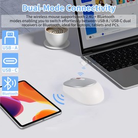 KUYHRF Dual Mode Wireless Bluetooth Mouse - USB-C & USB-A Receiver, Rechargeable Silent Click for Laptop, Tablet, PC - Perfect for Students & Professionals, Travel-Friendly (White)