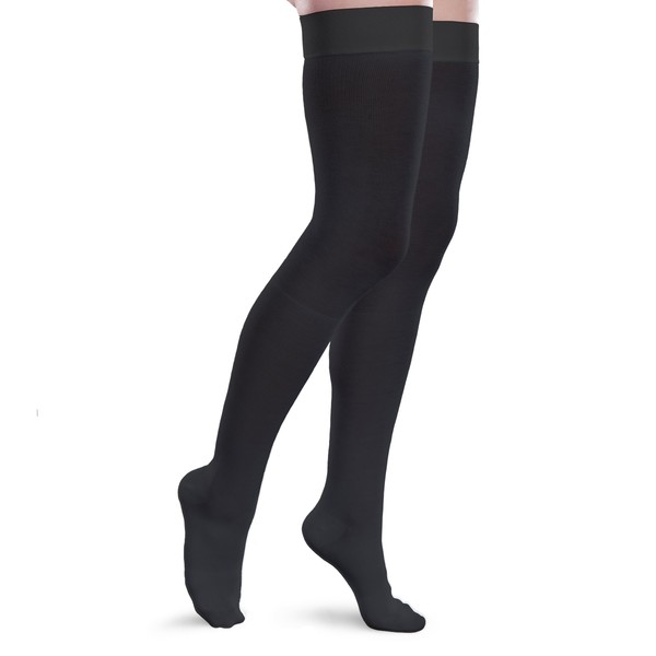 Therafirm Core-Spun 20-30mmHg Moderate Graduated Compression Support Thigh High Socks (Black, Large Short)