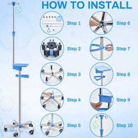 Thyle IV Pole with Wheels Tray Stand Portable 4 Hooks 5 Wheels IV Fluid Bag Stand Height Adjustable Stainless Steel Intravenous Pole with Hanging Net for Home Hospital Essential IV Practice Kit Supply