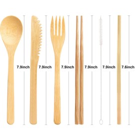 4 Sets Bamboo Travel Utensils Set, Reusable Bamboo Utensil Fork Knife Spoon Chopsticks Straw Cleaning Brush for Travel Picnic Office School (Chic Style）