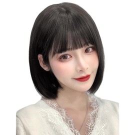 Cute Princess Full Wig, Bob, 100% Human Hair, Hand Planted, Natural Fluffy, Women's Wig, Straight Bangs, Women's Natural Hair Hidden Gray Hair Enhancement with Net (Black 3)
