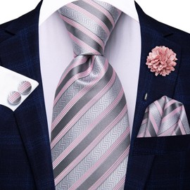 Hi-Tie Silver Tie and Flower Lapel Pin Set Silk Striped Ties for Men and Pocket Square Cufflinks 4PCS Necktie for Wedding