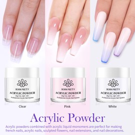 BORN PRETTY Acrylic Nail Kit Acrylic Powder And Liquid Set - 30g(1oz) Clear White Pink Acrylic Powder Starter Kit with Nail Forms for Acrylic Nails Extension Beginner set