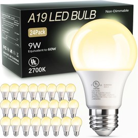 TJOY 24 Pack A19 LED Light Bulbs, 60 Watt Equivalent LED Bulb, Soft Warm White 2700K, Efficient 9W, E26 Standard Base, Non Dimmable Energy Saving Lightbulb, 800LM, 80 CRI, 120V, UL Listed