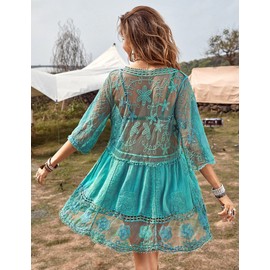 Eomenie - Traje de baño de encaje en contraste para mujer, con cuello en V, traje de baño suelto para verano, playa, ropa de playa, Azul/claro, Talla única