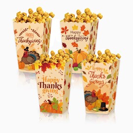 RUSTAMM 12 Pieces Thanksgiving Popcorn Boxes Fall Treat Candy Box Turkey Maple Leave Pumpkin Popcorn Cookie Paper Favor Boxes For Autumn Harvest Theme Party Decor Supplies