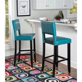 Riverbay Furniture 30" Faux Leather & Wood Bar Stool in Agean Blue/Black