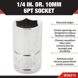 Performance Tool W36210 Chrome 1/4 Drive 6-Point Socket, 10mm